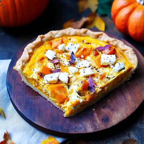 Ein Stück Käse-Pumpfepie mit Zwiebeln und Käse auf einem Holzblock.