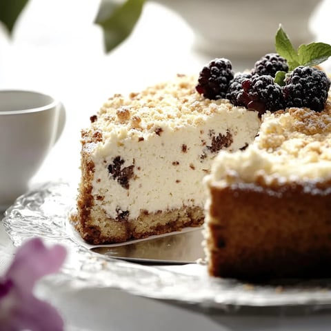 Eine Tasse mit Tee und ein Stück Käsekuchen mit Früchten darauf.