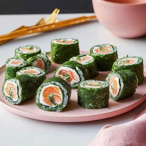 Eine Platte mit grünen und roten Räucherrollen auf einem Tisch.