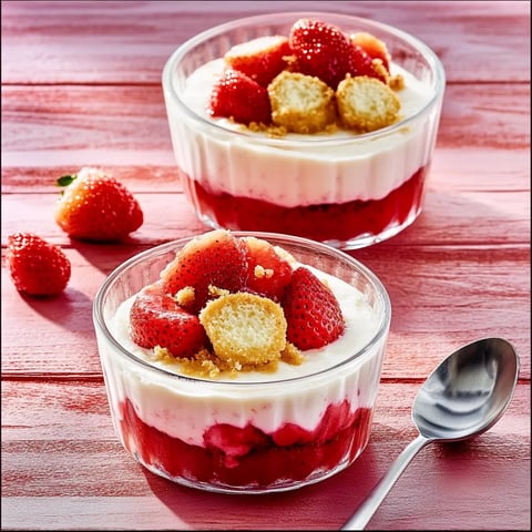 Zwei Gläser mit Strawberry-Whipped Cream-Dessert auf einem Tisch.