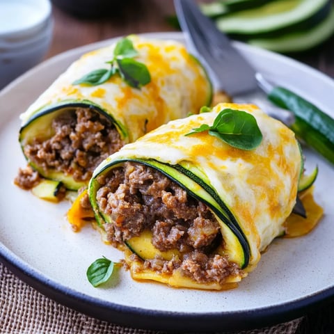 Ein Plate mit zwei Zucchini-Rollen, die mit Rindfleisch und Käse gefüllt sind.