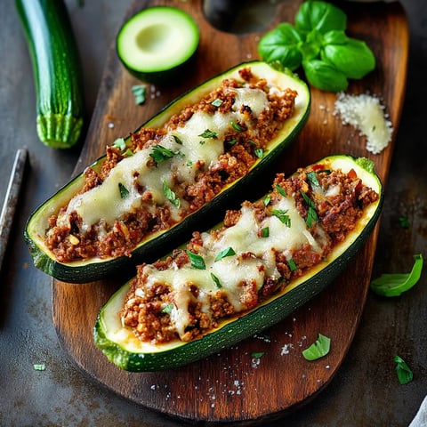 Zwei Zucchini mit Rindfleisch und Käse auf einem Brett.