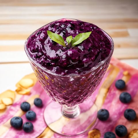 Ein Glas mit Blaubeeren-Smoothie auf einem Tisch.