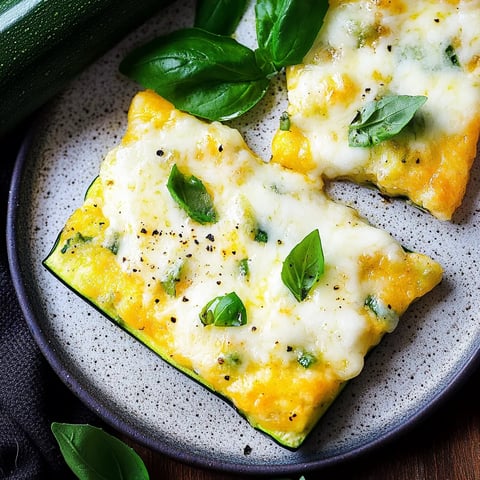 Eine Scheibe Zucchini mit Zwiebeln und Käse auf einem Plate.