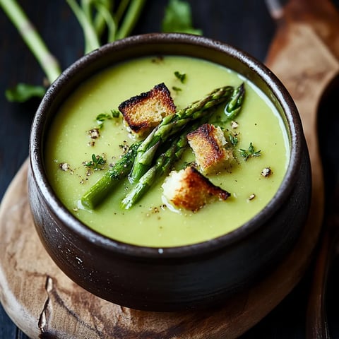 Ein Topf mit einer cremigen Mischung, die aus Asparagus, Toast und einer unbestimmten Zutaten besteht.
