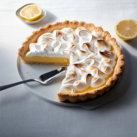 Eine leckere Zitronen-Lemon-Tarte mit weißem Teig und Zitronen-Saft auf einem weißen Teller.