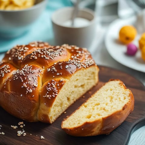 Ein Baguette mit Sesamkörnern auf einem Holzblock.