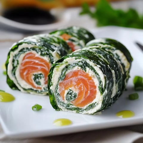 Ein weißer Teller mit drei rollenden Salat-Rollen, die mit Salat und Kaviar gefüllt sind.