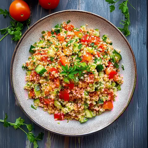 Ein Plate mit einer Mischung aus Reis, Tomaten, Zucchini und Basilikum.