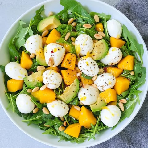Ein weißer Teller mit einer Mischung aus Avocado, Pineapple, Nüssen und Eiern.