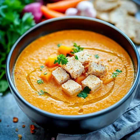 Ein schwarzer Topf mit einer cremigen Suppe, die mit Zwiebeln und Kartoffeln garniert ist.