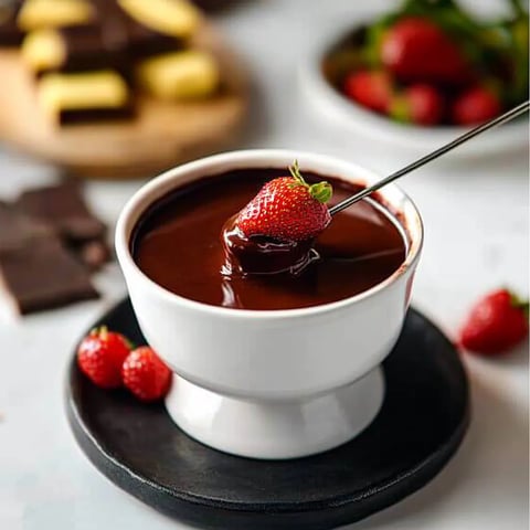 Eine Schüssel mit Schokolade und Strawberries.