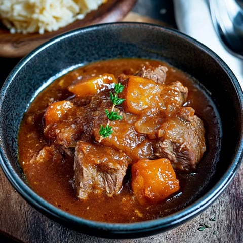 Ein schwarzes, glänzendes Bowl mit einer Mischung aus Fleisch, Gemüse und Sauce.