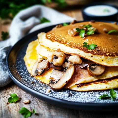 Eine Platte mit einem Pancake, das mit Mushrooms und Walnüssen garniert ist.