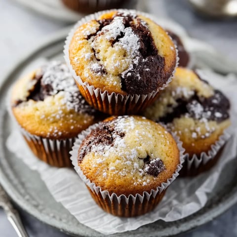 Eine Platte mit sechs Muffins, die mit Zucker und Schokolade bestreut sind.