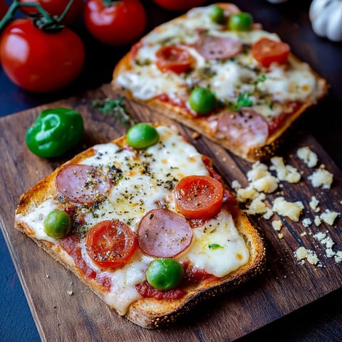 Zwei Scheiben Pizza mit Tomaten, Oliven und Basilikum auf einem Holzbrett.