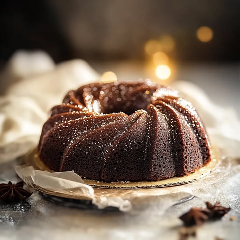Ein schwarzes, glitzerndes Kuchen mit einer goldenen Kante auf einem Teller.