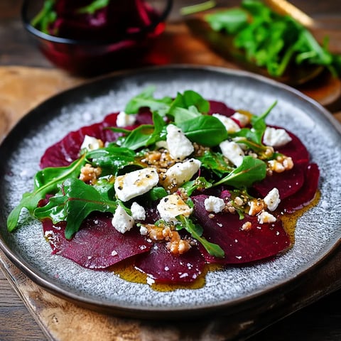 Ein Plate mit rotem Blut, Käse, Spinat und anderen Zutaten.