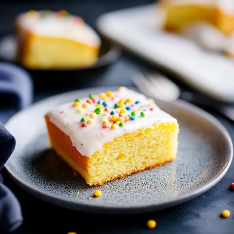 Ein Stück Kuchen mit Schokoladenglasur auf einem Plate.