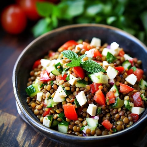 Ein Schüssel mit einer Mischung aus Tomaten, Zucchini, Basilikum und Linsen.