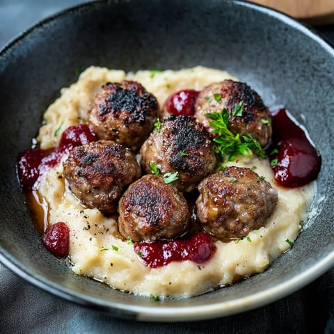 Ein Schälchen mit gegrillten Fleischballen und Sauce.