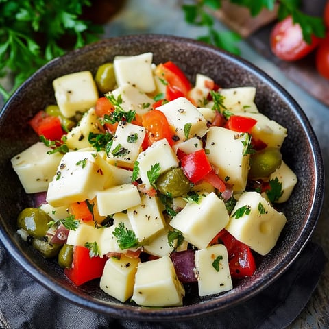 Ein Schmelztopf mit einer Mischung aus Käse, Tomaten, Zwiebeln und Oliven.