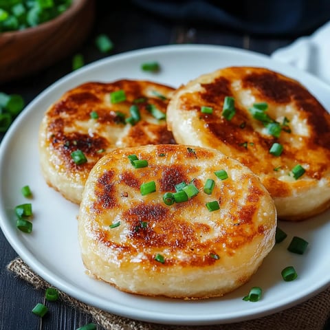 Zwei quetschige, grüne Zwiebel-Brötchen auf einem weißen Platter.