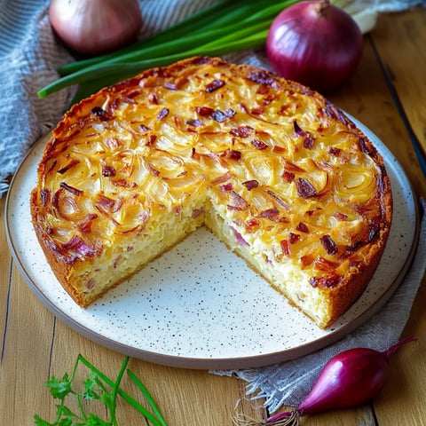 Ein Stück Käse mit Zwiebeln auf einem Teller.
