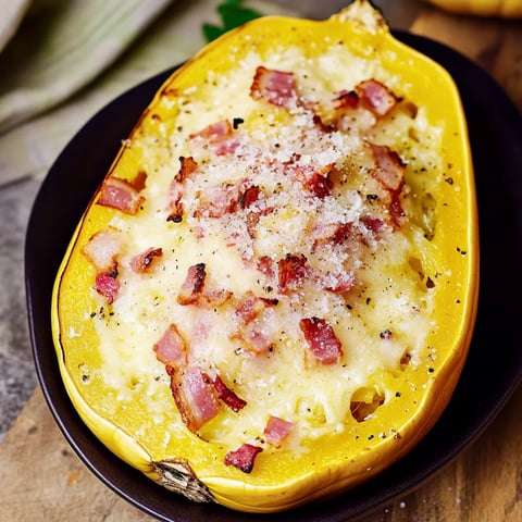 Ein Yellow Squash mit Bacon und Käse auf einem Teller.