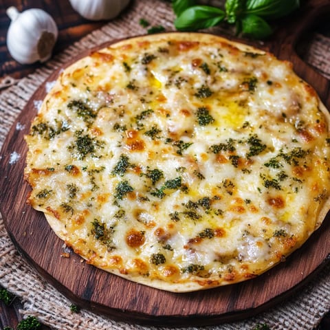 Eine pizza mit grünen Zutaten auf einem Holzblock.