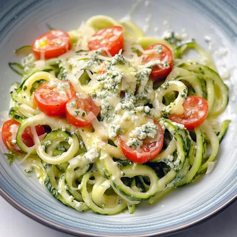 Ein Plate mit Zucchini-Pasta und Tomaten.