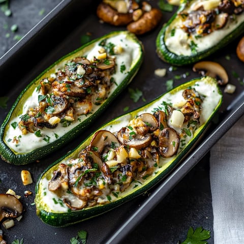 Eine Reihe von Zucchini mit Mushrooms und Käse auf einem Teller.