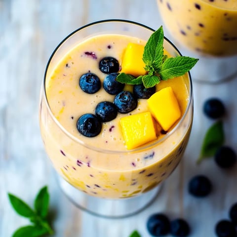 Ein Glas mit frischem Obst, darunter Bananen, Mango und Blueberries, garniert mit einer Blattgarnitur.