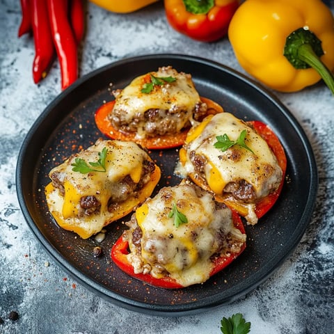Eine Platte mit drei Tomaten, die mit Käse und Zwiebeln garniert sind.