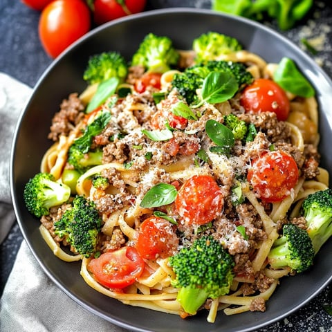 Ein Schälchen mit Spaghetti, Tomaten, Broccoli und Zwiebeln.