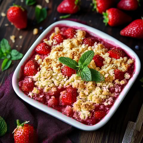 Ein Glas mit Strawberry-Topping und Walnuss-Crumbs.