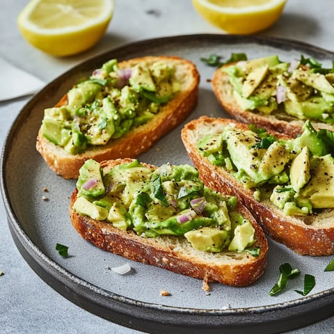 Eine Platte mit Avocado Toast auf zwei Scheiben Toast, die mit Avocado, Zwiebeln und Knoblauch garniert sind.