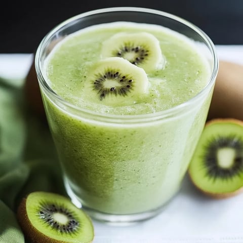 Ein Glas mit grünem Getränk, das aus Kiwis und anderen Zutaten hergestellt wurde, mit einer Kiwis-Kapotte darunter.