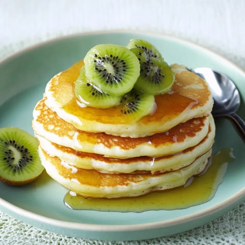 Ein Plate mit Pancakes, die mit Kiwis und Zitronensaft garniert sind.