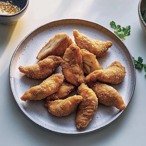 Ein Plate mit frisch zubereiteten Chicken-Wing-Streifen.