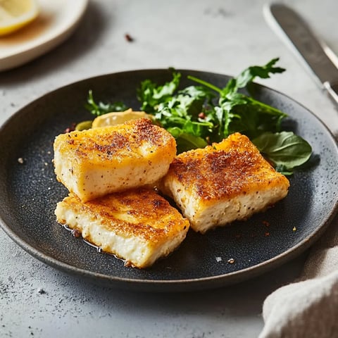 Ein Plate mit zwei Scheiben gebratener Fisch- oder Käseknochen, die mit grünen Blattchen und einer Zwiebel garniert sind.
