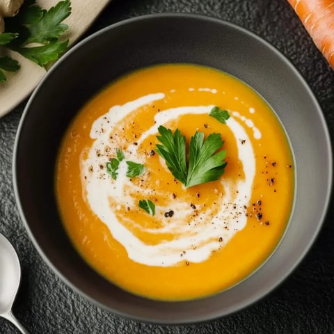 Ein Schälchen mit einer Mischung aus Kartoffeln und Karotten, garniert mit Parsley.