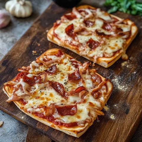 Zwei Scheiben Pizza auf einem Holzbrett.
