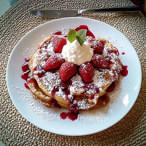 Ein weißer Teller mit einem Stück Kuchen, der mit Strawberries und Whipped Cream garniert ist.