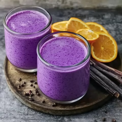 Zwei Gläser mit Purpur-Liquid in einem Glas auf einem Tisch.