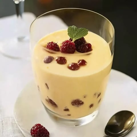 Ein Glas mit einer Raspberry-Topping und einer Schmelzkugel.
