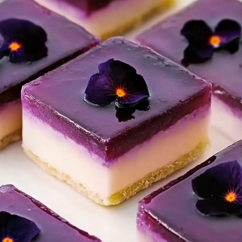 Eine Platte mit Purpur-Konfekt, der mit Purpur-Blumen besetzt ist.