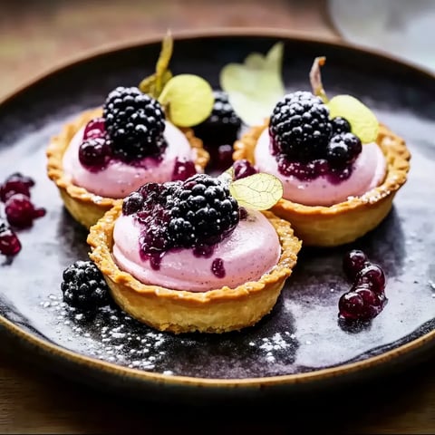 Zwei kleine Tarts mit Pink-Purple-Füllung und frischem Schwarzen Johannisbeeren.