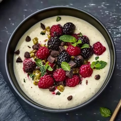 Ein Becher mit Raspberry-Chocolate-Mousse und Mint-Blattchen.