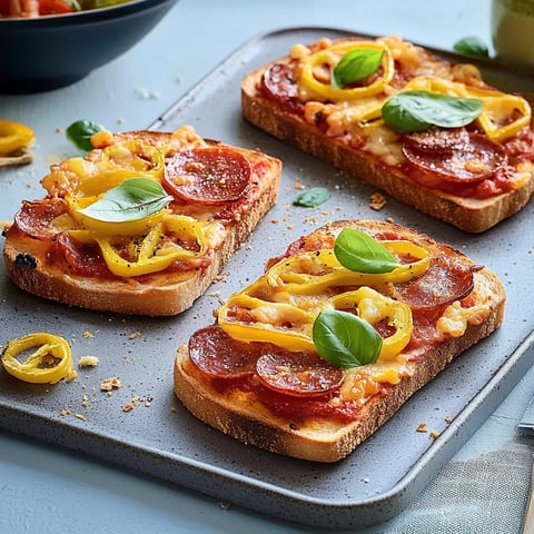 Zwei Toast mit Pizza und Tomaten auf einem Teller.